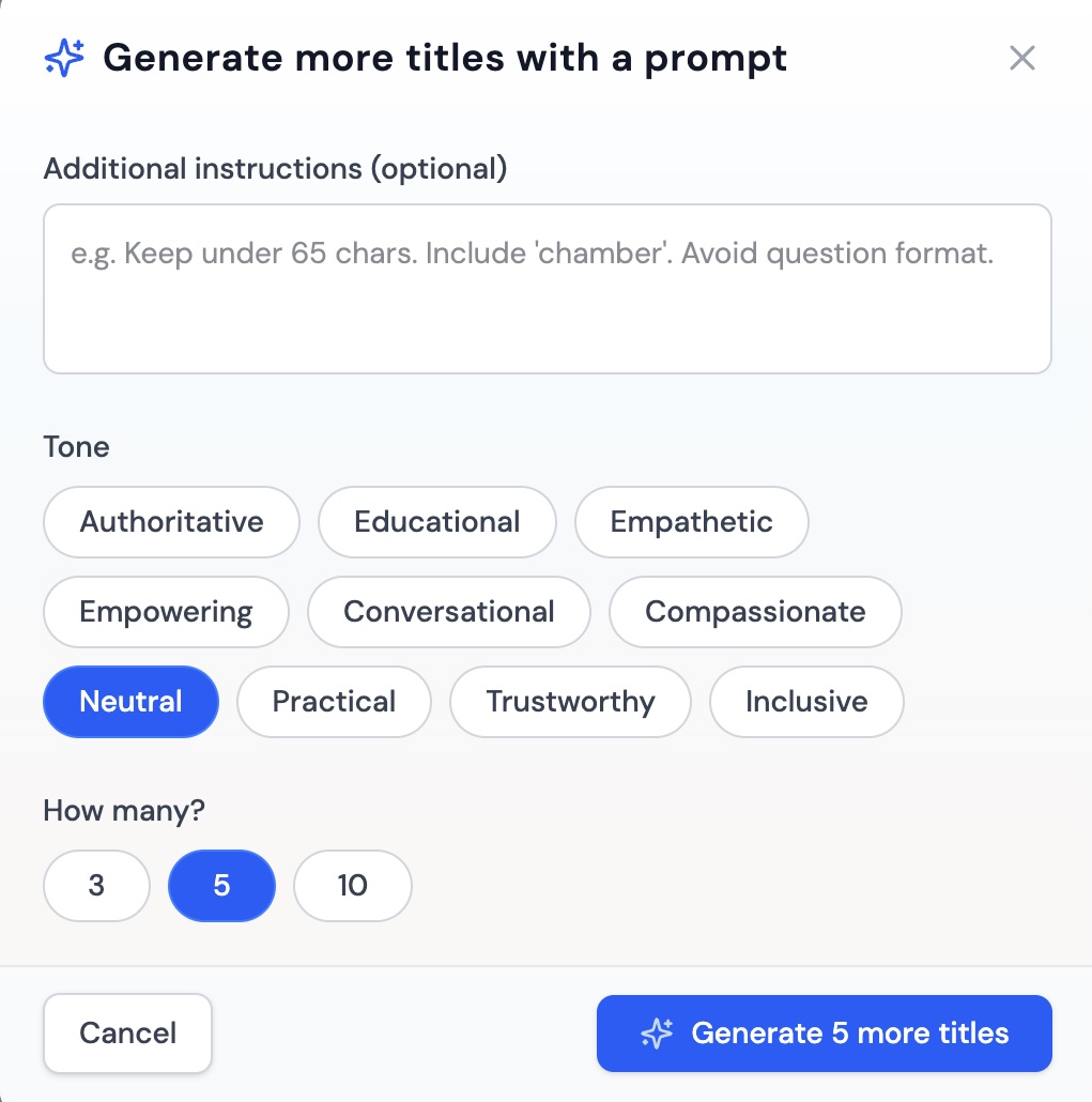 AI content writing tool generating multiple SEO-optimised title variants by tone