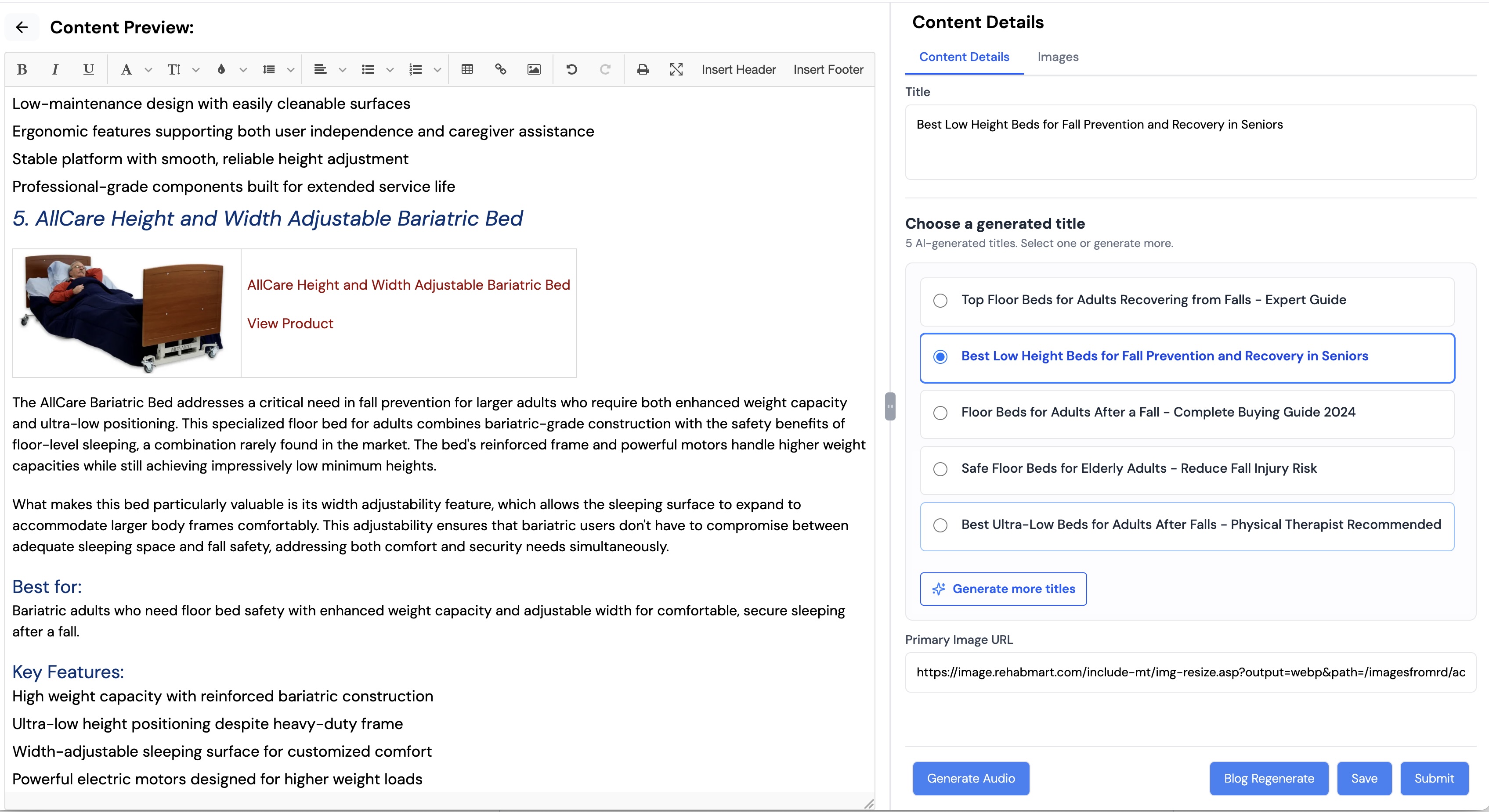 Human review interface for approving AI-generated blog drafts before publishing